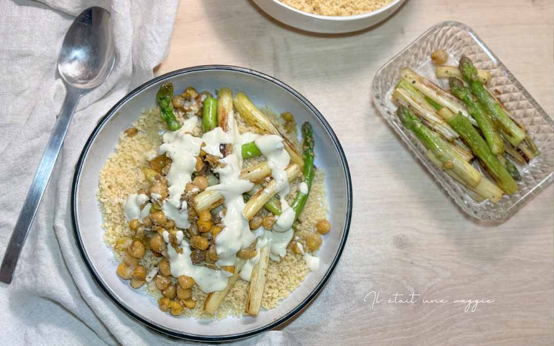Semoule couscous pois chiche rôtis et asperges vertes