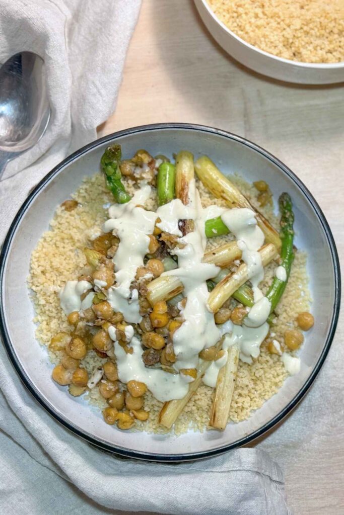 recette Semoule couscous pois chiche rôtis et asperges vertes