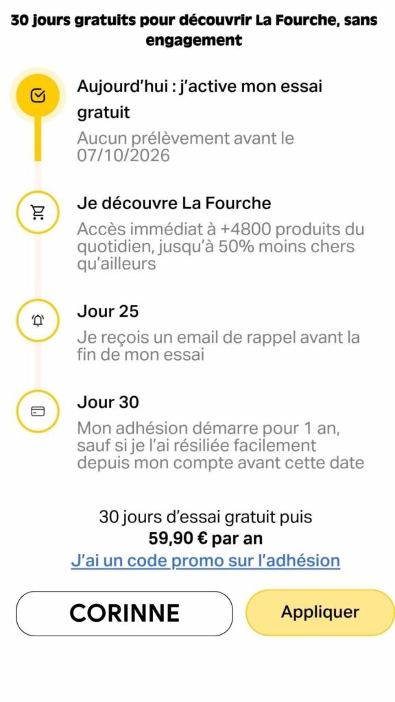 adhesion la fourche code promo a mettre inscription