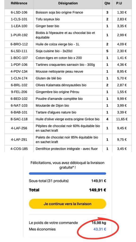 exemple courses a 150€ economies 43€ la fourche adhesion rentabilisee